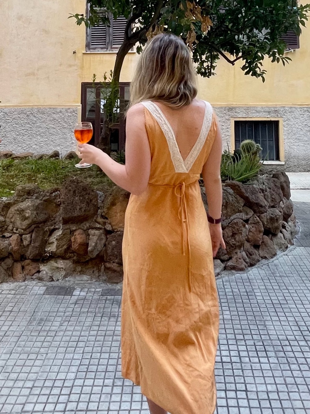 Aritzia Lace-Trim V-Back Maxi Dress in Mustard Yellow